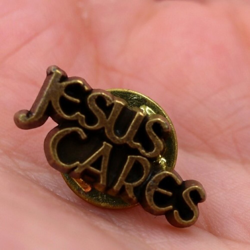 Vintage Jesus Cares Gold Tone Lapel Pin Christian 1970s 1980s